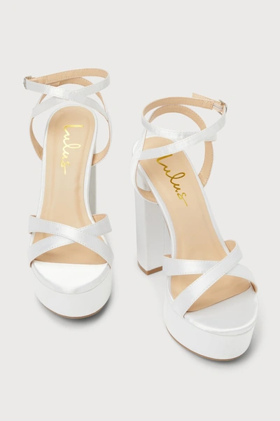 Lulus Maisiee White Satin Platform High Heel Ankle Strap Sandal Heels