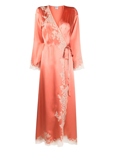 Carine Gilson Lace-detail Silk Robe In Pink