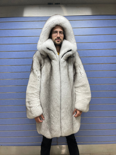 Pre-owned Fox Luxury Full Skin Blue  Fur Mens Coat Real Fur Skin To Skin  Collar & Hood In White