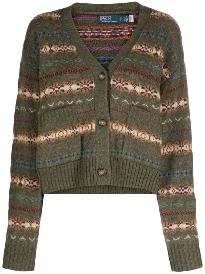 Polo Ralph Lauren Green Fair Isle-knit Wool-blend Cardigan In Grey