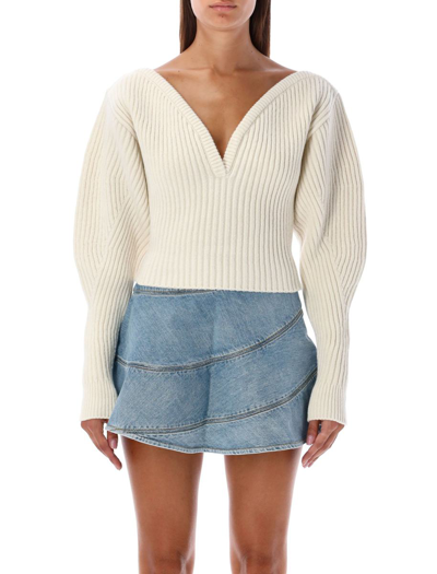 Alaïa Ribbed Wool-blend Sweater In Blanc Casse