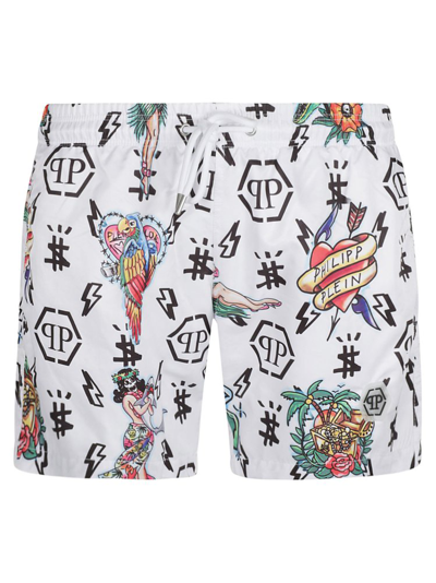 Philipp Plein Monogram-print Swim Shorts In White