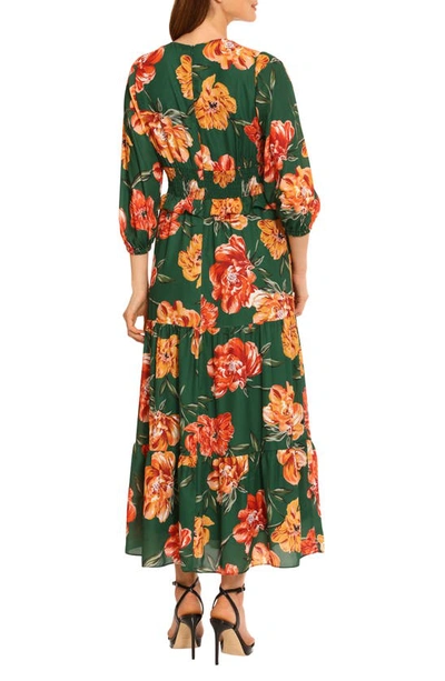 Maggy London Floral 3/4 Sleeve Tiered Maxi Dress In Pine Needle/ Golden Rod