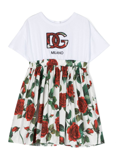 Dolce & Gabbana Kids' Rose-print Cotton Midi-dress In White