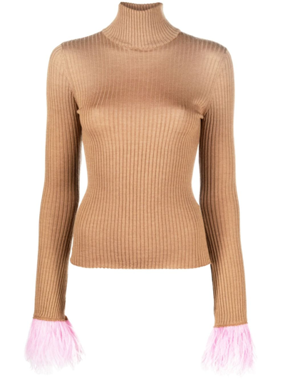 La Doublej Feather-cuff Ribbed-knit Jumper In Brown