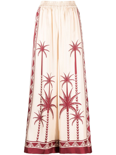 La Doublej Palm Tree-print Silk Trousers In Neutrals