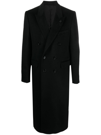 Lardini Brooch-detail Double-breasted Coat In Black
