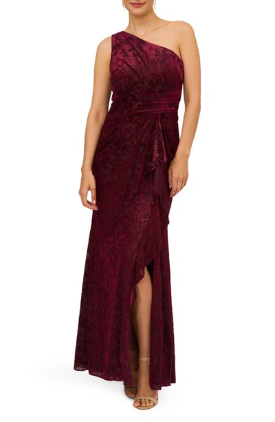 Adrianna Papell Floral Velvet Burnout One-shoulder Gown In Dark Ruby