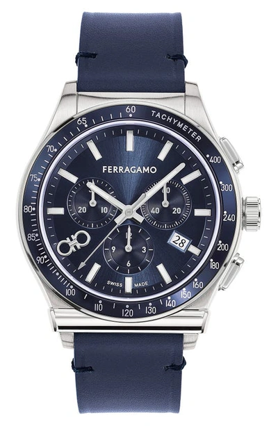 Ferragamo Men's 1927 Swiss Chronograph Blue Leather Strap Watch 42mm In Steel/blue