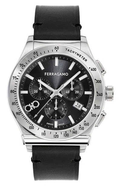 Ferragamo Men's 1927 Swiss Chronograph Black Leather Strap Watch 42mm In Stainless Steel