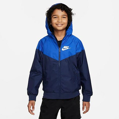 Nike Sportswear Windrunner Big Kids' (boys') Loose Hip-length Hooded Jacket In Midnight Navy/game Royal/midnight Navy/white