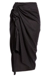 DRIES VAN NOTEN SINAM PINSTRIPE DRAPED RUFFLE WOOL SKIRT