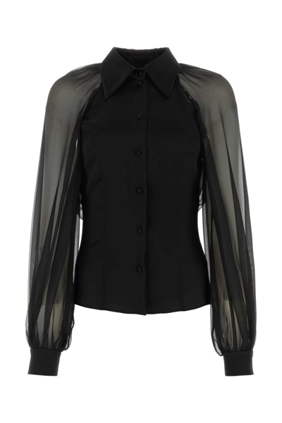 Alberta Ferretti Long Sheer-sleeves Silk Blouse In Nero