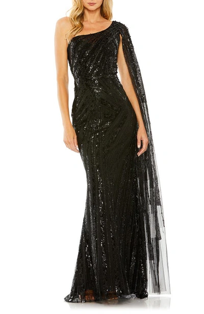 Mac Duggal Sequin Cape Sleeve One-shoulder Gown In Black