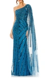 Mac Duggal Sequin Cape Sleeve One-shoulder Gown In Ocean Blue