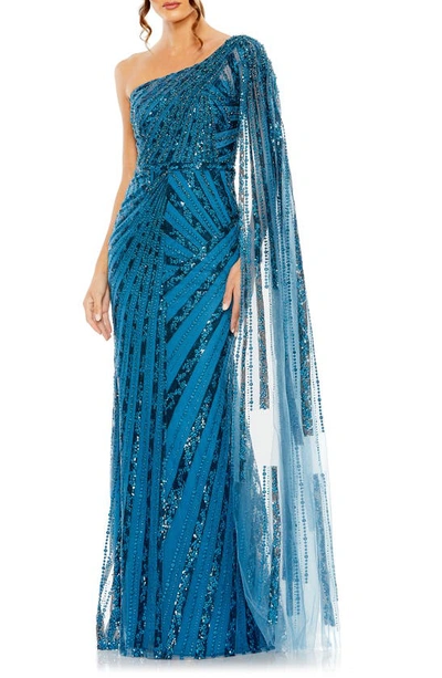 Mac Duggal Sequin Cape Sleeve One-shoulder Gown In Ocean Blue