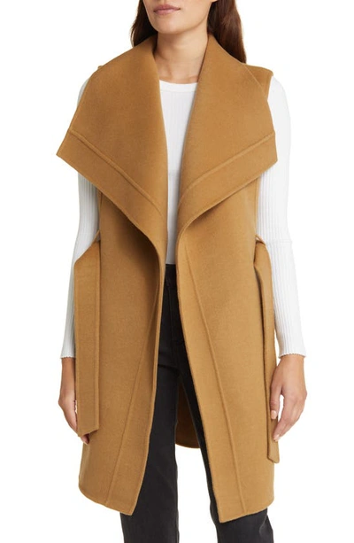 Michael Kors Tie Belt Oversize Wool Blend Vest In Dark Camel