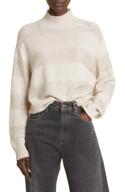 Brunello Cucinelli Sequin-embellished Stripe Wool-cashmere Sweater In Beige