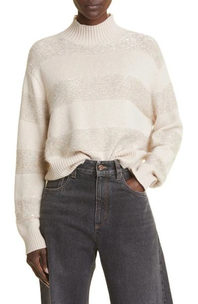 Brunello Cucinelli Sequin-embellished Stripe Wool-cashmere Sweater In Sand