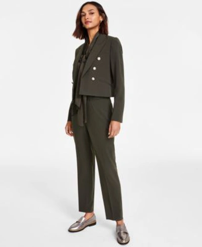 Bar Iii Womens Cropped Jacket Satin Tie Neck Blouse Belted Ankle Pants Created For Macys In Black