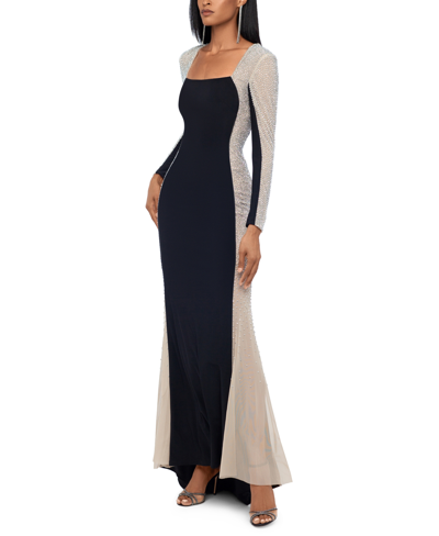 Xscape Embellished Colorblocked Gown In Blknudslvr