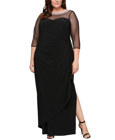 Alex Evenings Plus Size Illusion-trim Ruffled Gown In Black