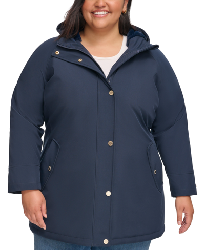 Tommy Hilfiger Women's Plus Size Hooded Button-front Coat, Created For Macy's In Navy