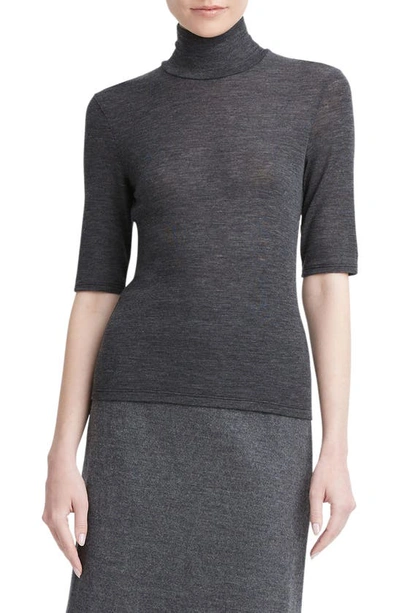 Vince Elbow Sleeve Merino Wool Turtleneck In Heather Charcoal