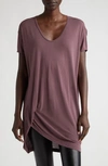 Rick Owens Hiked Asymmetric Drape Detail T-shirt In Amethyst