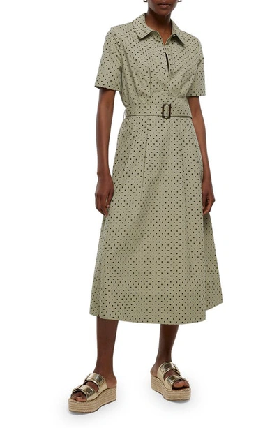 River Island Polka Dot Belted Cotton Shirtdress In Khaki