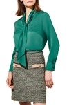 Ming Wang Tie Neck Crêpe De Chine Blouse In Jewel Green