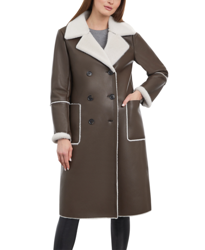 Bcbgeneration Women's Double-breasted Faux-shearling Coat In Dark Brown