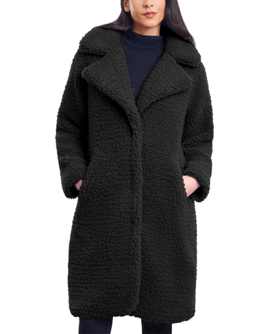 Bcbgeneration Women's Plus Size Notch-collar Teddy Coat, Created For Macy's In Black