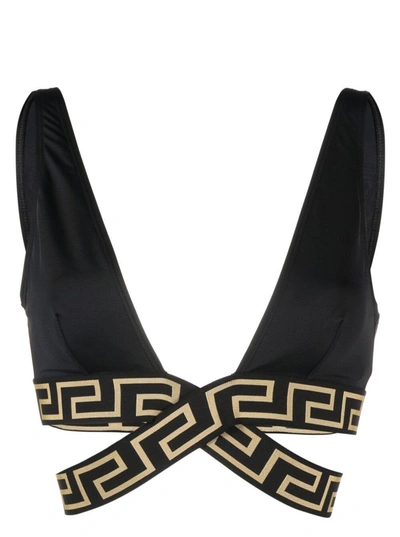 Versace Greca-detail Crossover Bikini Top In Nero