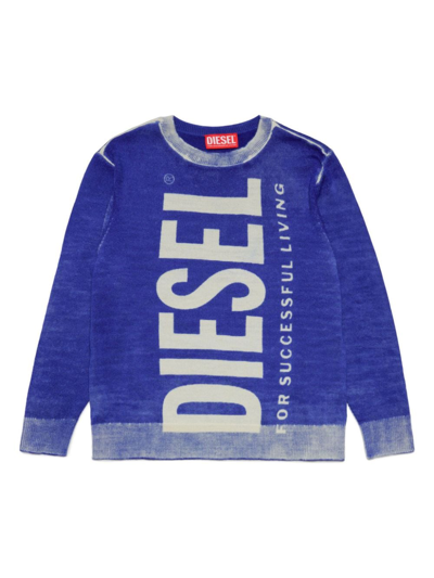 Diesel Kids' Merino Wool Sweater With Logo And Delavé Effect In Blue