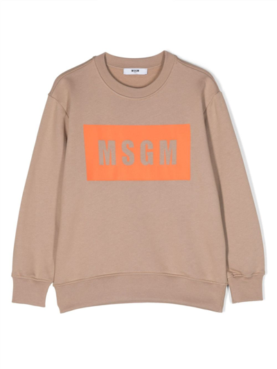 Msgm Kids' Logo-print Cotton Sweatshirt In Neutrals