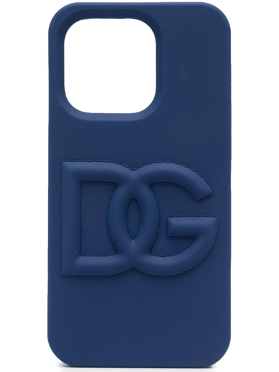 Dolce & Gabbana Cover Iphone 14 Pro In Gomma Logata In Blue