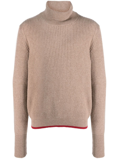 Fay Roll-neck Ribbed Jumper In Brown