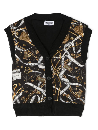 Moschino Kids' Graphic-print Sleeveless Wool Cardigan In Black