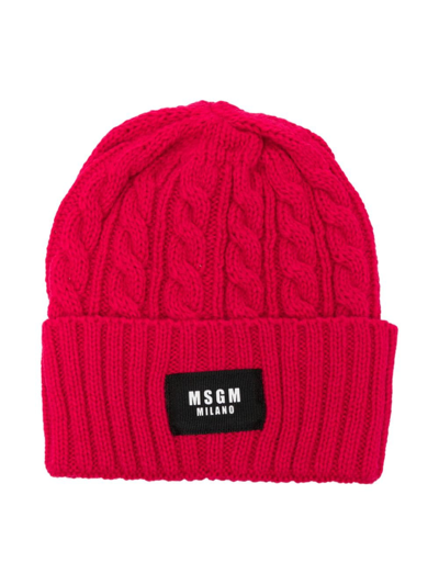 Msgm Kids' Cable-knit Logo-patch Beanie In Fuchsia