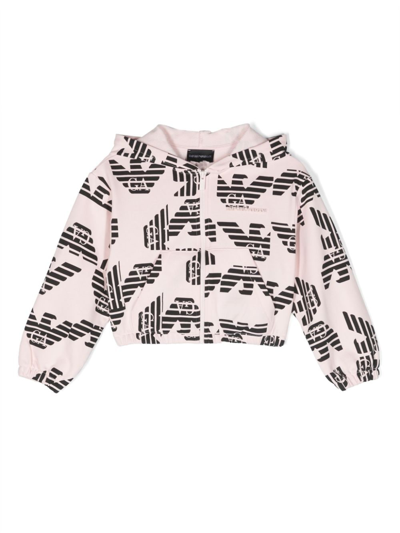 Emporio Armani Kids' All Over Logo Print Cotton Hoodie In Pink,black