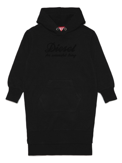 Diesel Kids' Logo-embossed Cotton Hooded Dress In Black