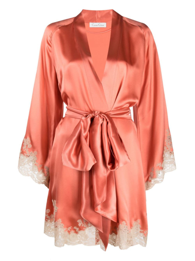 Carine Gilson Calais-caudry Lace-trim Silk Robe In Pink