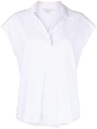 Vince Shirred Band Collar Linen-blend Top In White