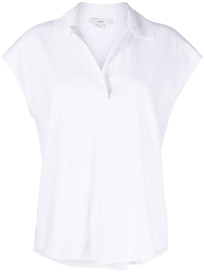Vince Shirred Band Collar Linen-blend Top In Optic White