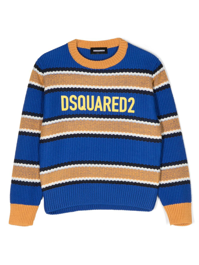 Dsquared2 Kids' Logo-print Striped Knitted Jumper In Blue