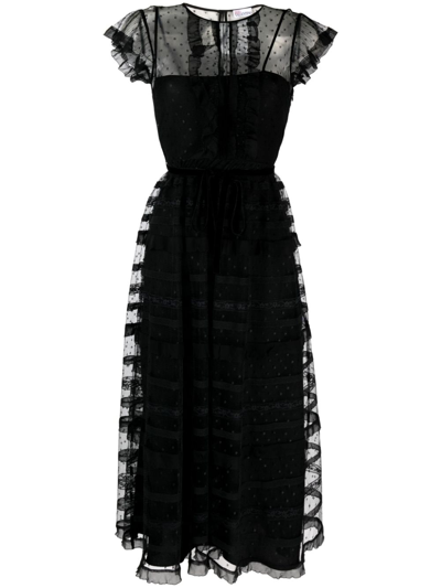 Red Valentino Ruffle-detail Point-d'esprit Midi Dress In Black