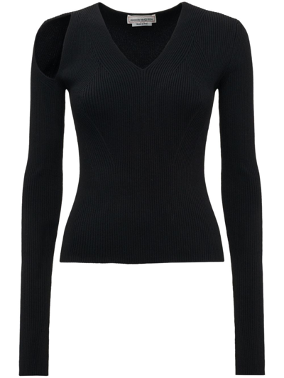 Alexander Mcqueen Cut-out Ribbed Wool Jumper In Black