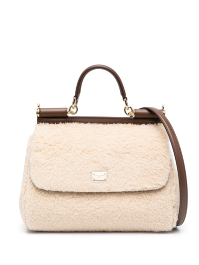 Dolce & Gabbana Medium Sicily Shearling Tote Bag In White