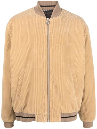 Palm Angels Corduroy Cotton Bomber Jacket In Beige Multicolor